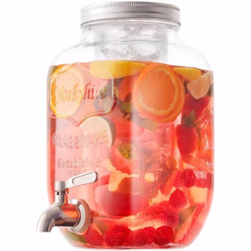Dispensador de bebidas de vidrio con grifo de acero inoxidable de 3,7 L, dispensador de bebidas a prueba de fugas con núcleo de hielo, jarra de vidrio de boca ancha fácil de llenar, accesorios de