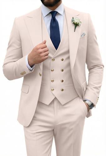 Mens Suit 3 Piece Double Breasted Suit Men Slim Fit Formal Tuxedo Suit Set Groomsmen Wedding Prom Suits, Beige, S