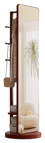 Specchio a Figura Intera con Appendiabiti, Specchio da Pavimento Lungo in Legno Massiccio Girevole a 360° con 6 Ganci e Ripiani, Appendiabiti con specchi per Camera da Letto, Soggiorno