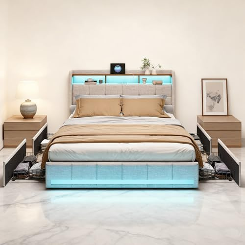 Letto 160 x 200 cm, letto imbottito matrimoniale con LED e USB, 4 cassetti, testiera con vano portaoggetti, letto a molle con rete a doghe, moderno letto per adulti e ragazzi, in lino, beige, senza