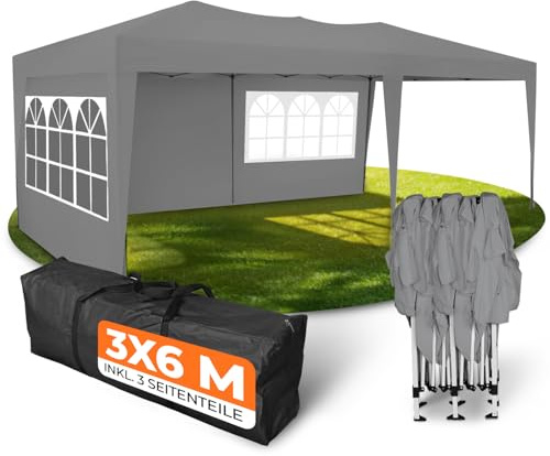 Kronenburg Fällbar paviljong vattentät paviljong med 3 sidodelar, trädgårdstält, 3 x 6 m – med UV-skydd 50+, grå