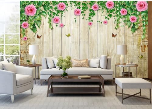 3D-väggmålning vardagsrum café restaurang 250 x 175 cm 3D tapet vinstockar blommor vägg träpanel