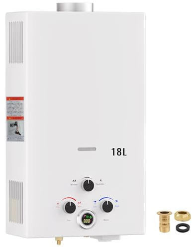 Calentador de agua a gas GLP 18L instantáneo portátil de exterior sin depósito, montaje en pared. Modo invierno/verano, pantalla digital, múltiples dispositivos de seguridad, clase energética A