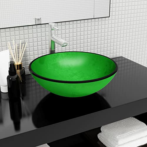 Runheo Handfat av härdat glas grön 42 x 14 cm, toppmonterat tvättställ för badrum, tvättrum, gäster, WC med avlopp och kranhål, modern design, hållbar och lätt att rengöra