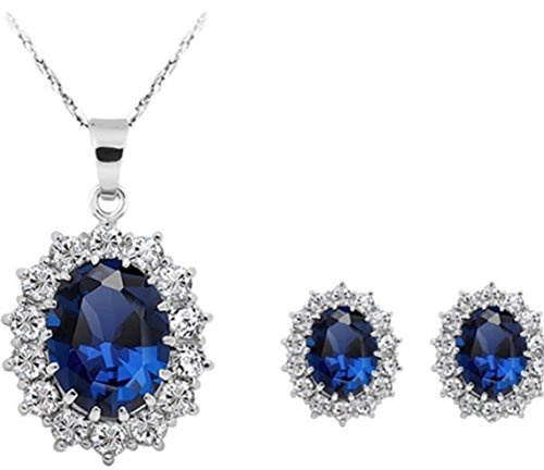 925 Sterling Silver Women Necklace Earrings Jewellery Set Round Cubic Zirconia Gift Box for Party Wedding Vacation (Blue Oval Se)