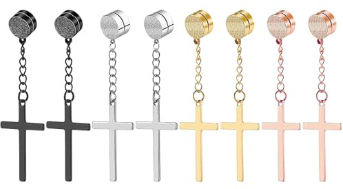 NEWITIN 4 Pairs Stainless Steel Magnetic Earrings for Men Clip on Earring Magnetic Stud Earring Unisex Non Piercing CZ Magnet Studs Diamond Cross Earrings for Women Men