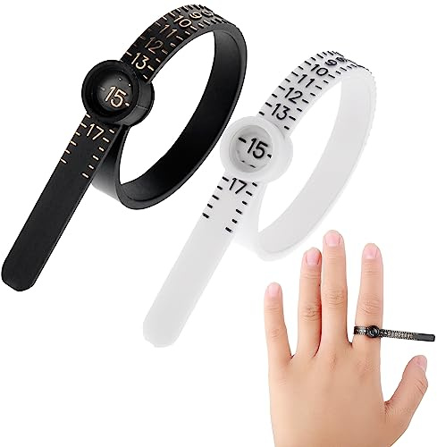 WLLHYF Herramienta de medición de anillas, paquete de 2 unidades, color negro y blanco, reutilizable, medidor de tamaño de EE. UU., herramienta de medición de plástico con lupa para tallas de joyas