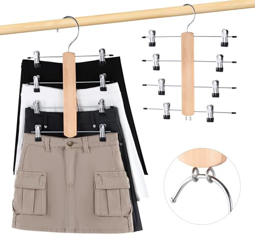 VANZAVANZU Trouser Hangers with Clips Space Saving Pant Hangers, 2 Pack 4 Tier Wooden Pole Skirt Hangers Clip Hangers, Assemble Bra Hanger with 360° Rotatable Hanger Versatile Clothes Hangers