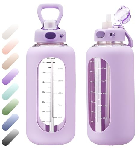 SIEROZUR 64 oz Glass Water Bottle with Straw and Handle Half Gallon Large Water Bottle with Silicone Sleeve and Time Marker Sports Water Jug Wide Mouth for Travel Gym