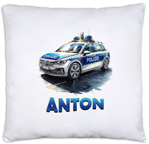 timalo® Personalisiertes Kissen mit Namen | personalisiertes Dekokissen mit Wunschname für Kinder individuelles Geschenk Kissenhülle Polizei Auto | kissen-ch-21