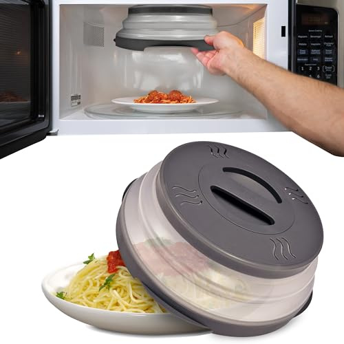 HOVER COVER Magnetic Microwave Splatter Cover with High Power, Strongest Magnetic Grip, Collapsible 12-Inch BPA-Free Food Lid, Vented Plate Guard, Dishwasher Safe, Space-Saving Storage - Gray