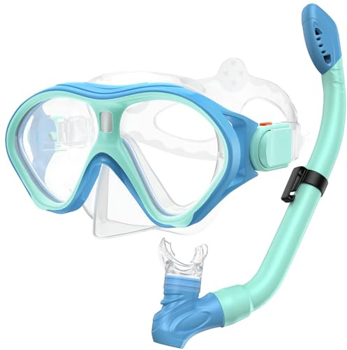 Gintenco Snorkeling Gear for Kids, Dry Top Kids Snorkel Set for Age 6-14, Anti-Fog Tempered Glass Swimming Goggles Anti Leak Diving Mask 180 Degree View for Youth Toddler Girls Boys