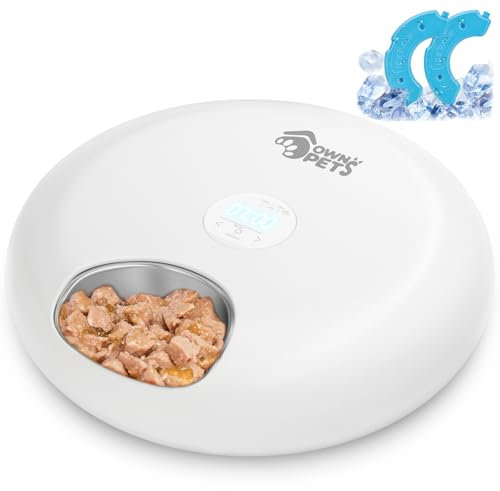 Ownpets Automatischer Katzenfutterautomat für Nass/Trockenfutter, Futterspender für Haustiere, mit Edelstahl-Schüssel-Einsätzen, 6 Mahlzeiten mit 2 Kühlakkus, schützen Pfoten Design, Weiß