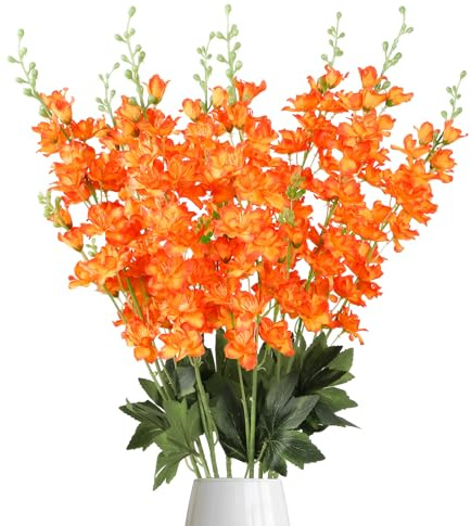 Fqueelvys Orange Delphinium Artificial Flowers,8PCS Long Stem Silk Larkspur Flowers 33.5'' Faux Delphinium Stems for Tall Vase Home Wedding Table Decor(Orange)