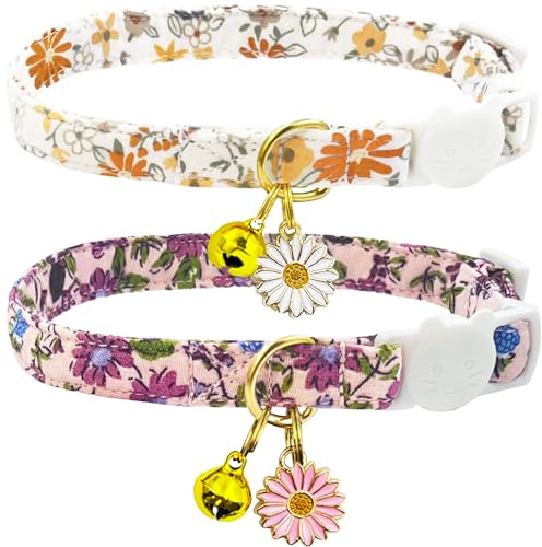 2 Pack Cotton Breakaway Cat Collars Set with Bell and Flower Pendant, Cute Floral Fruit Patterned, Adjustable 7.5-11Inch, Include A Mouse Toy Gift