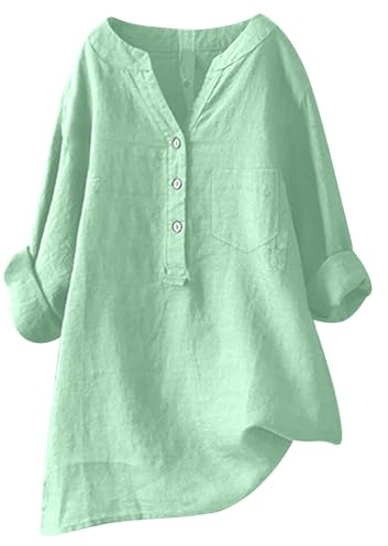 2025 Chemisier Femme Chic et Élégant Chemise Coton et Lin pour Femmes Col en V Bouton Manches Longues Tops Couleur Unie LâChe Respirant T-Shirts Grande Taille Pas Cher Casual Coton Lin Tunique Blouse