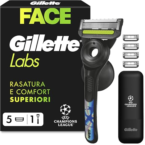 GilletteLabs Rasierer Herren mit Reinigungs-Element, UEFA Champions League Special Edition, Nassrasierer — Inkl. 1 Handstück, 5 Ersatzklingen, 1 Wandhalterung und Reiseetui — Edelstahl, Schwarz