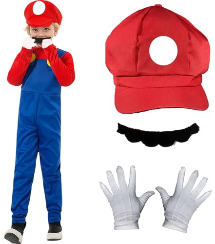 AYNKH Costume da Mario per bambini, body da Mario, cappello bianco, guanti bianchi, baffi, accessori per costume per Halloween, carnevale, feste cosplay (XL)