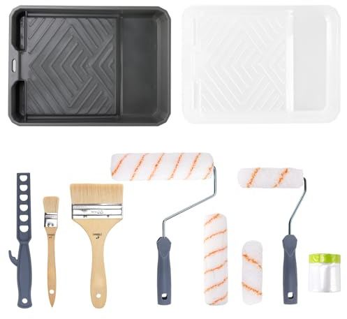SINJEUN Kit Completo de 12 Rodillos de Pintura Antigoteo 23 cm para Paredes y Techos con Bandeja, Pinceles y Accesorios para Interior y Exterior