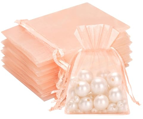 G2PLUS Peach Pink Organza Gift Pouches, 7x9 CM Small Favour Bags, 50 PCS | Wedding Jewelry Bags, Clear Mesh Pouches Perfect for Wedding, Christmas, Birthday, Anniversary