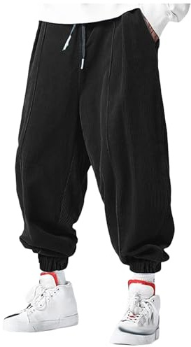 Generisch Pantaloni da uomo in velluto a coste con taglio a palloncino – Pantaloni da jogging extra larghi per streetwear | Pantaloni casual harem con polsini elastici, Stil_n01 Nero, M