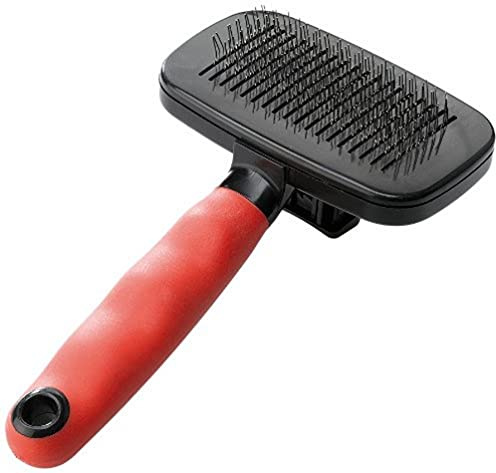 Ferplast Cepillo Carda Autolimpiante para Perros - Pelo Medio y Largo - Sistema para Eliminar el Pelo - Cerdas Inclinadas y Puntas Redondeadas, Acero Inoxidable - Mango Ergonómico - Tamaño M, Rojo
