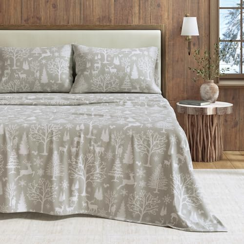 Great Bay Home Flannel Sheet Set Queen Size - 100% Turkish Cotton, Double-Brushed, Lodge-Printed Bed Sheets - Ultra-Soft, Cozy, 4-Piece Bedding Set (Enchanted Woods - Grey)