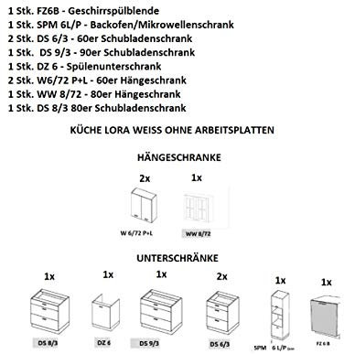 Schränke Küchenzeilen LORA Weiss/ohne Arbeitsplatten inkl. Soft-Close individuelle Zusammenstellung