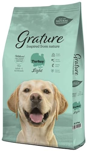 Grature - Pienso Light de Pavo para Perros Adultos | Efecto Saciante | Bajo en Grasas | con Cereales Completos | Libre de OGM | Protección Articular, 12 kg