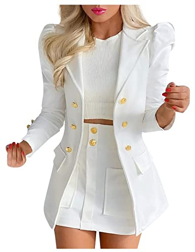 Womens 2 Piece Outfit Suit Casual Long Puff Sleeve Cardigan Blazer + Short Skirt Suit Work Business Office Formal Wedding Guests Coats and Jackets Ladies Autumn Outerwear White