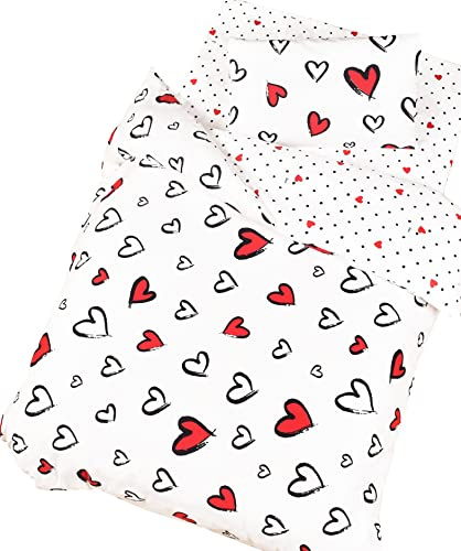 J-pinno Red Heart Cute Girls Cartoon Duvet Cover + Pillowcase Set, Zipper Closure, 100% Cotton, for Kids Crib Toddler Bedding Decoration Gift (Love, Crib 47 X 59)