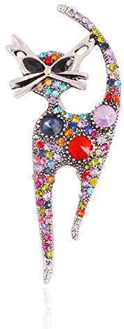 Vintage Rhinestone Cat Brooch Pin for Women Girls Silver Plated Fashion Cute Colorful Crystals Animal Kitten Brooches Lapel Pins Dress Accessories Holiday Birthday Party Unisex Jewelry Souvenir (Colorful)