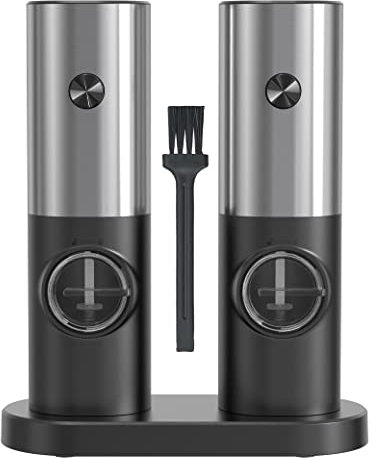 IraXpro Juego de Molinillo de Sal y Pimienta Electrico,Alimentado por Batería,Tosquedad Ajustable,con Base,Cepillo de Limpieza,Luz LED,2 Pack (Plateado-Batería)