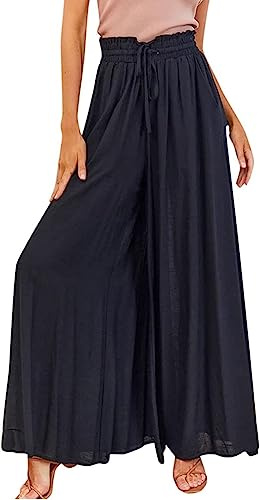 ASKSA Pantalon Femme Été Elastique Taille Haute Décontracté Léger Fluide Elegant Unie Pantalons Cordon avec Poches (Noir,XL)