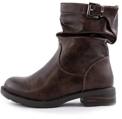 Toocool Botines de mujer motociclista bajos tipo biker, casual con hebilla, zapatos de cuero G527, marrón, 38 EU