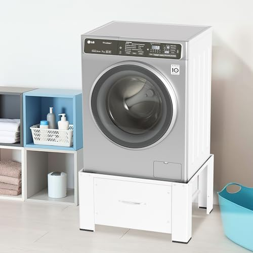 Ikodm 62,5 x 54,5 x 32,5 cm, Estante para Lavadora Con Cajón, Armario Inferior, Base de Acero, Soporte de Hasta 150 kg, Elevador, Color Blanco