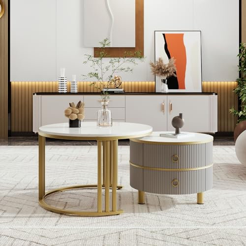 Mesa de Centro Redonda de MDF 2 en 1, Mesa Auxiliar con Tablero Brillante y 1 Tapa de mármol Blanco, combinación de Mesa de Centro de salón con 2 cajones, 70 x 70 x 46 + 50 x 50 x 40 cm (Oro+Gris)