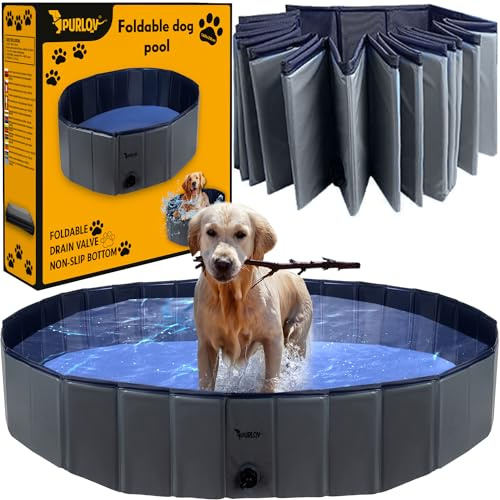 PURLOV Piscina per cani, 160 x 30 cm/120 x 30 cm, in PVC + ABS, pieghevole, rivestimento anti-scivolo, valvole di scarico, blu/grigio, 23831, dimensioni: 160/30 cm