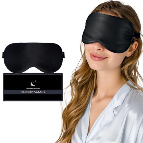 SUNBEBE Schlafmaske aus Seide, Schlafbrille Seitenschläfer für Frauen und Herren, 100% Lichtblockierende Augenmaske mit Verstellbares Gummiband für Reisen, Schwarz