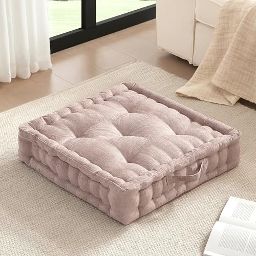 Intelligent Design Large Floor Pillow for Adults Yoga or Meditation Cushion with Handle, Floor Cushion for Board Games, Lustrous Chenille Tufted, Handsewn Scalloped Edge, Azza, 24 x 24 x 5 Blush