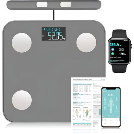 Fitdays FG2211LB - Báscula inteligente de análisis corporal (8 electrodos, precisión digital, con 20 métricas, indicador de color Bluetooth para músculo/grasa/agua, sincronización familiar para 6