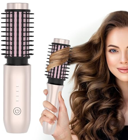 Cordless Curler Brush with 4 Heat Setting for Long Hair, Travel Hot Hair Curler Brushes, 3-in-1 Portable Heated Curling Brush for Hair Styling | Travel-Friendly & Tangle-Free, Rose Gold