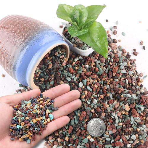 CHEOAR Mezcla de Piedras para Macetas 1.4 kg (3 lb) - Piedras Decorativas 4 en 1 (Lava Roja, Lava Negra, Zeolita Verde, Maifan) 3-6 mm - Para Sustrato de Plantas, Decoración de Jarrón y Jardín