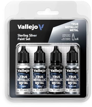 Vallejo Peinture Métallique Vraie Métallique Set de 4 Couleurs en Argent, Idéal pour Peindre les Métaux, Inclut BASE, LIGHT, SHADE et AIRBRUSH, Système BSL pour Résultats Cohérents.