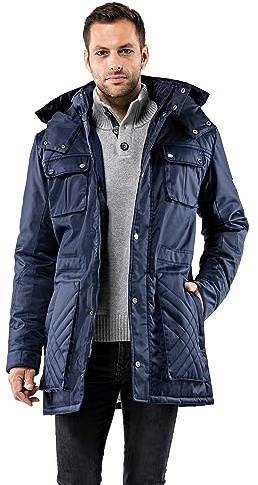 Vincenzo Boretti giubbotto-cappotto invernale lungo uomo, disegno di parka elegante casual, molto caldo, cappuccio e grandi tasche con fodera morbida, antivento blu scuro S