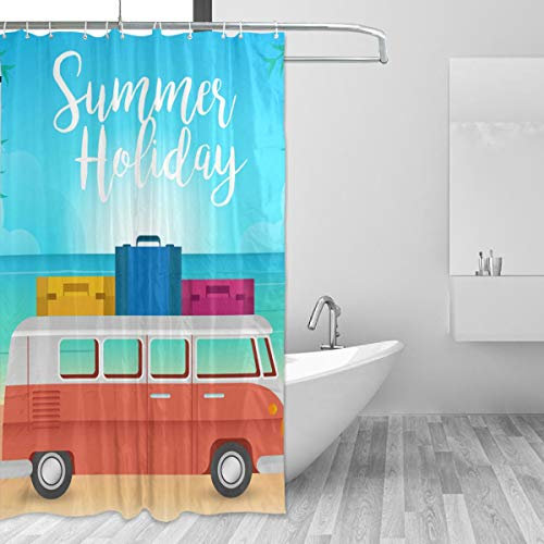 FANTAZIO Duschvorhang VW Camper und Strand, Polyester, mit dicken C-förmigen Haken, für Badezimmer, wasserdicht, langlebig und superwasserdicht, 152,4 x 182,9 cm