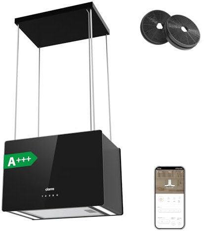 CIARRA CBCB4850 A+++ Inselhaube Umluft Dunstabzugshaube Insel Freihängend 48cm 700m³/h mit Smart Wi-Fi App 4 Stufen Booster Glas Inselabzugshaube CBCF003 Aktivkohlefilter Schwarz