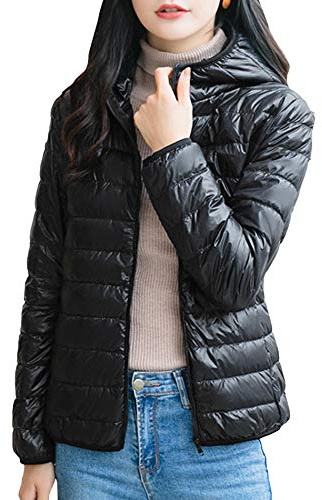 HAHAEMMA Chaqueta de plumón para mujer, ligera, impermeable, ultraligera, gruesa, acolchada, con capucha, chaqueta de entretiempo, chaqueta acolchada para invierno, incluye bolsa de transporte Negro M