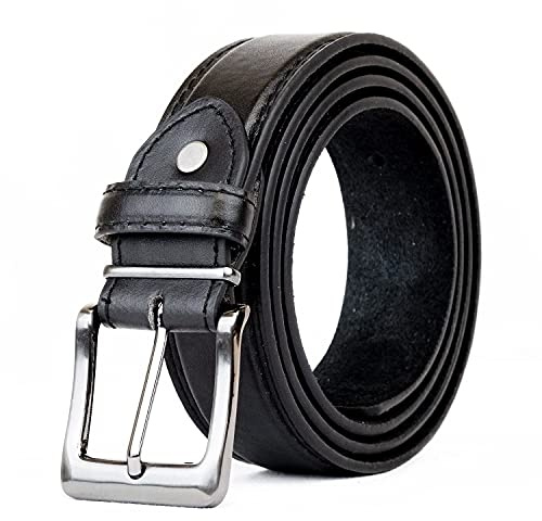 Men Black Leather Belt Double Stitched leather lined belt for Jeans, Suit, Work and Special Occasion (Medium (32-36), Black)
