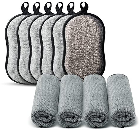 Wemk Spülschwamm Set - 6 Stück Scheuerschwämme und 4 Stück Mikrofaser Reinigungstücher, Spülschwamm hat 2 Leistungsstarke Reinigungsseiten, Wiederverwendbar, Verkratzt Keine empfindlichen Oberflächen